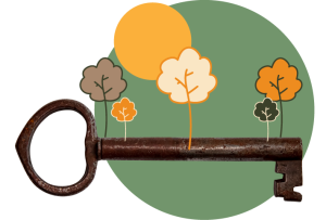 Vanha avain jonka päällä kasvaa kuvitettuja puita. Taustalla vihreä iso pallo ja pienempi keltainen pallo vasemmalla, joka kuvastaa aurinkoa.